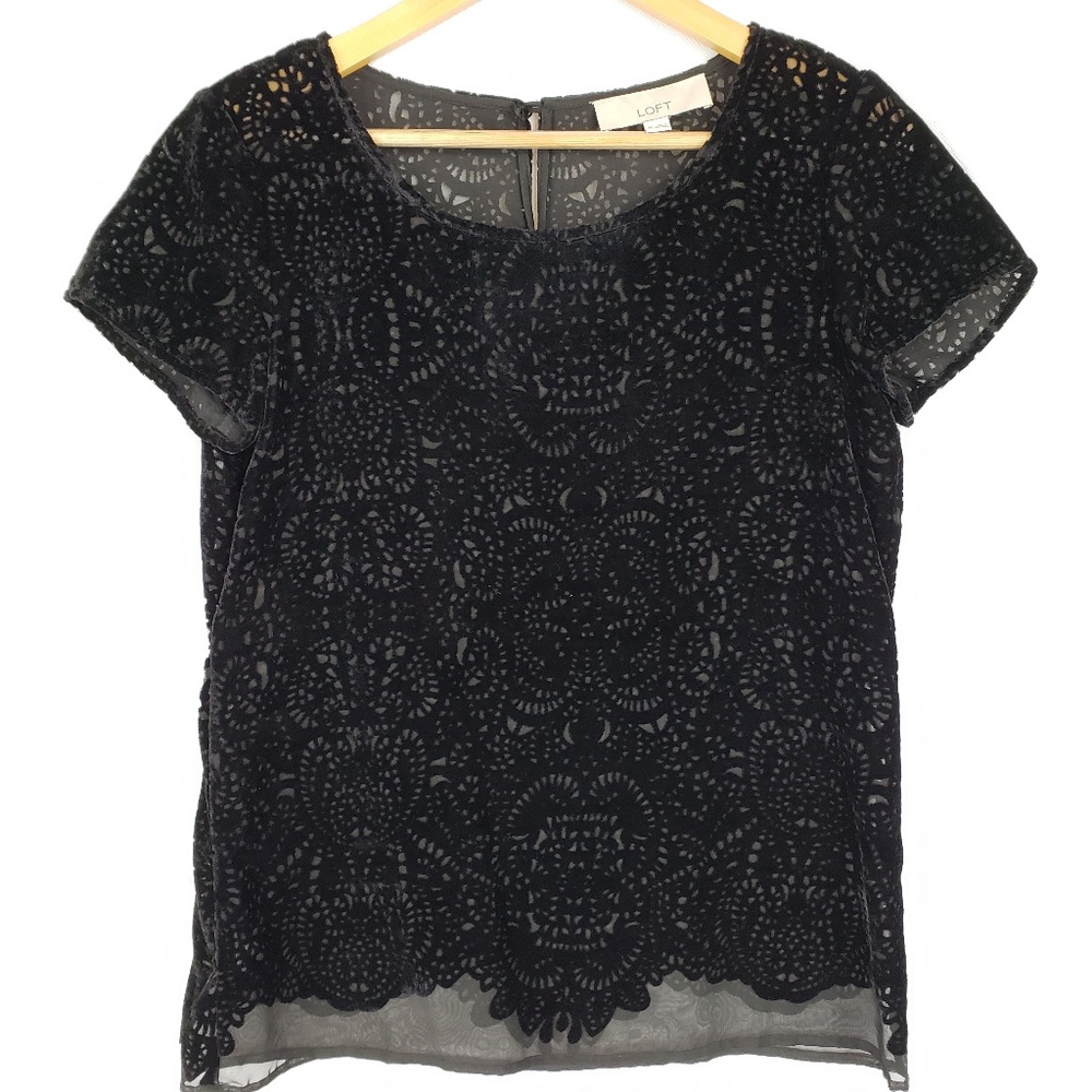 LOFT Velvet Paisley Sheer Black Blouse
